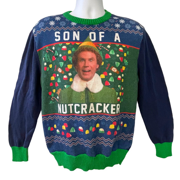 Elf The Movie SON OF A NUTCRACKER Photo Print Ugly Christmas Sweater Size Medium - Picture 1 of 4